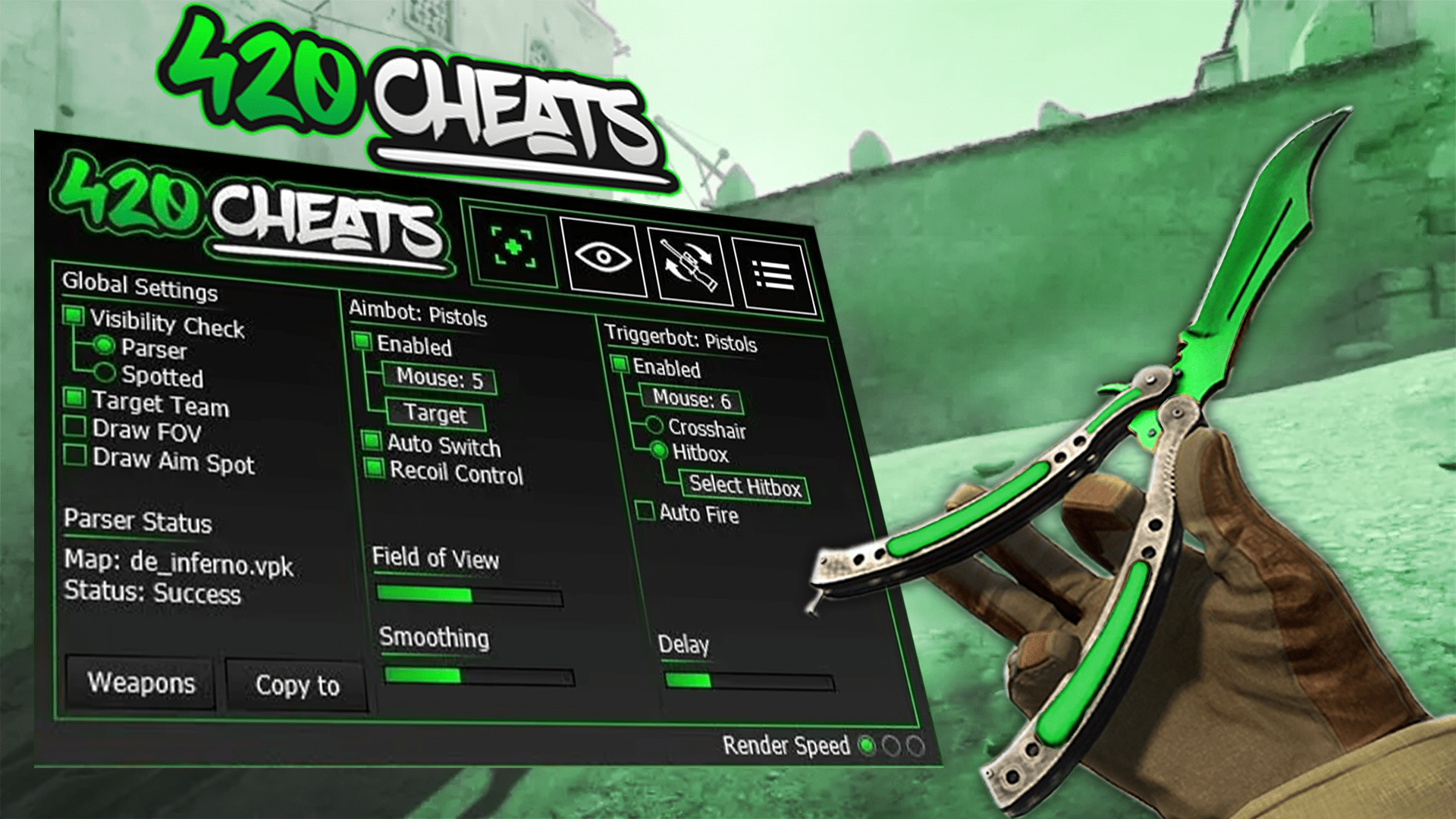 Green gaming promotional graphic for 420 Cheats
